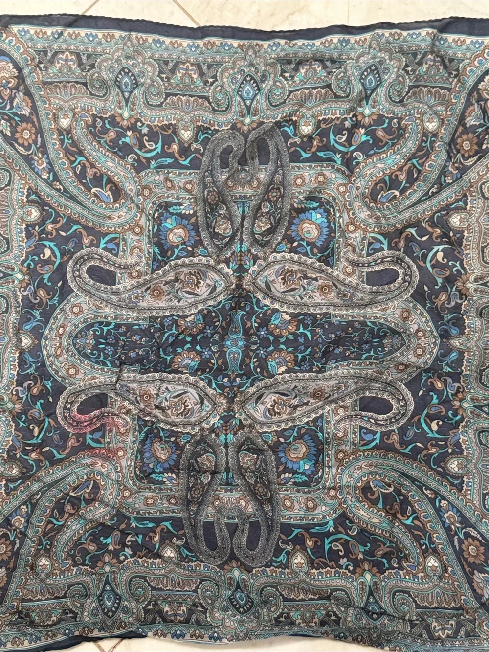 Zara Vintage Navy Paisley Floral Silk Scarf 🧣 with Teal and Tan Accents 25” Sq